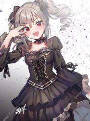 Rule 34 | 1girl, :d, arm up, black bow, black dress, black nails, black pantyhose, black ribbon, blush, bow, breasts, commentary request, cross-laced clothes, dress, fingernails, gothic lolita, gradient background, grey background, grey hair, hair between eyes, hair bow, head tilt, idolmaster, idolmaster cinderella girls, juliet sleeves, kanzaki ranko, kuri choko, lolita fashion, long sleeves, looking at viewer, medium breasts, nail polish, open mouth, pantyhose, puffy sleeves, red eyes, ribbon, ringlets, sample watermark, signature, smile, solo, twintails, v-shaped eyebrows, watermark, white background