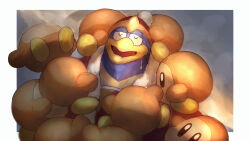 Rule 34 | absurdres, beak, border, closed eyes, grey background, highres, hug, king dedede, kirby (series), looking at another, nintendo, no humans, open mouth, outside border, pom pom (clothes), red headwear, shiburingaru, solid oval eyes, sweat, too many, waddle dee, white border