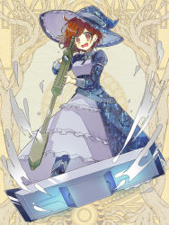 Rule 34 | 1girl, belt, blue dress, brown eyes, brown hair, dairoku ryouhei, dress, earrings, elle aulet, frilled dress, frills, full body, gun, hat, holding, holding weapon, jewelry, long sleeves, looking at viewer, sakamoto mitsuki, short hair, simple background, solo, standing, wavy mouth, weapon, witch hat, yellow background