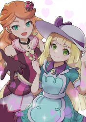 Rule 34 | 2girls, :d, apron, blonde hair, blunt bangs, closed mouth, commentary request, creatures (company), crown, dress, eyelashes, game freak, gloves, green dress, green eyes, hand on headwear, hat, heart, lillie (pokemon), lillie (special costume) (pokemon), long hair, looking at viewer, looking up, mini crown, mizuiro123, multiple girls, nintendo, official alternate costume, open mouth, orange hair, pokemon, pokemon masters ex, short sleeves, smile, sonia (pokemon), sonia (special costume) (pokemon), sun hat, white background