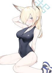 Rule 34 | 1girl, alternate costume, animal ears, arm up, bare shoulders, black one-piece swimsuit, blonde hair, blue archive, blush, breasts, collarbone, competition swimsuit, covered navel, fataaa, hair between eyes, hair over one eye, highleg, highres, kanna (blue archive), looking at viewer, medium breasts, one-piece swimsuit, open mouth, ponytail, purple eyes, sandals, simple background, sitting, solo, swimsuit, wariza, wet, white background