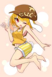 Rule 34 | 1girl, ^^^, animal ears, bare arms, bare legs, bare shoulders, barefoot, blonde hair, blush, breasts, brown hat, cabbie hat, cleavage, collarbone, crescent moon, crop top, dango, eyebrows, eyelashes, facing away, food, frilled shorts, frills, hat, highres, index finger raised, inon, looking at viewer, medium breasts, moon, navel, no bra, one eye closed, open mouth, pink eyes, puffy shorts, rabbit ears, rabbit tail, ringo (touhou), shirt, shorts, sideboob, solo, stomach, striped clothes, striped shorts, swept bangs, tail, tank top, touhou, vertical-striped clothes, vertical-striped shorts, wagashi, yellow shirt, yellow shorts