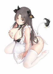 1girl, animal ears, apron, bangs, bell, bigxixi, black bra, black choker, blush, bra, breasts, brown eyes, brown hair, choker, cleavage, closed mouth, cow ears, cow horns, cow tail, ear tag, frilled apron, frills, full body, grabbing own breast, highres, horns, jingle bell, large breasts, long hair, looking at viewer, neck bell, neck ribbon, no shoes, original, pantyhose, parted bangs, pillow, pillow straddling, ribbon, simple background, sitting, skindentation, soles, solo, straight hair, symbol commentary, tail, thighhighs, underwear, very long hair, wariza, white apron, white background, white legwear