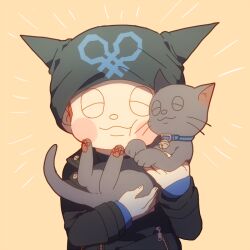 Rule 34 | 1boy, animal, animal collar, animal ear headwear, animal ears, animal hug, beanie, bell, black hat, black jacket, black sleeves, blue collar, blush stickers, buttons, cat, cat ears, closed eyes, closed mouth, collar, collared jacket, commentary request, danganronpa (series), danganronpa v3: killing harmony, fake animal ears, fingernails, hat, holding, holding animal, holding cat, hoshi ryoma, jacket, kogarashi 8, layered sleeves, leather, leather jacket, long sleeves, male focus, neck bell, notice lines, nuzzle, partial commentary, pocket, simple background, sleeves past wrists, smile, solo, studded collar, upper body, wavy mouth, yellow background, zipper, zipper pull tab