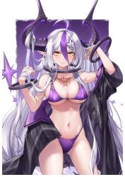 Rule 34 | 1girl, absurdres, ahoge, alternate costume, bare shoulders, black horns, black jacket, bra, braid, braided bangs, breasts, chest tattoo, cleavage, collar, curry bowl, demon horns, grey hair, hair between eyes, highres, hololive, horns, jacket, la+ darknesss, large breasts, long hair, metal collar, multicolored hair, navel, o-ring, o-ring bottom, o-ring panties, open clothes, open jacket, panties, pointy ears, purple bra, purple hair, purple panties, slit pupils, solo, streaked hair, striped horns, tattoo, underwear, virtual youtuber, wrist cuffs