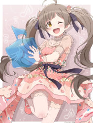 Rule 34 | 1girl, ;d, ahoge, blue ribbon, brown hair, commentary request, dress, flower, gloves, hair flower, hair ornament, hair ribbon, hakozaki serika, holding, idolmaster, idolmaster million live!, idolmaster poplinks, kurobako bb, long hair, looking at viewer, musical note background, one eye closed, open mouth, pink background, pink dress, puffy short sleeves, puffy sleeves, ribbon, round teeth, short sleeves, smile, solo, standing, standing on one leg, teeth, thighhighs, twintails, twitter username, upper teeth only, white gloves, white thighhighs, yellow eyes