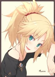 Rule 34 | 1girl, blonde hair, braid, dan (kumadan), fang, fate/grand order, fate (series), french braid, green eyes, hair ornament, hair scrunchie, jewelry, mordred (fate), mordred (fate/apocrypha), pendant, ponytail, scrunchie, solo