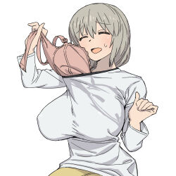 Rule 34 | 1girl, bra, bra pull, breasts, closed eyes, clothes pull, covered erect nipples, grey hair, highres, huge breasts, large breasts, long sleeves, mature female, onsen tamago (hs egg), open mouth, pink bra, removing bra, removing bra under shirt, shirt, simple background, solo, underwear, uzaki-chan wa asobitai!, uzaki tsuki, white background, white shirt