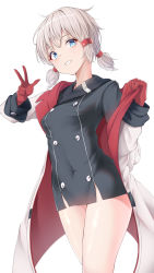 Rule 34 | 1girl, absurdres, azur lane, black dress, blue eyes, breasts, buttons, cien (shikanokuni), coat, covered navel, denver (azur lane), double-breasted, dress, gloves, grey hair, highres, microdress, multicolored coat, open clothes, open coat, red coat, red gloves, short hair, simple background, small breasts, solo, taut clothes, taut dress, twintails, two-tone coat, white background, white coat