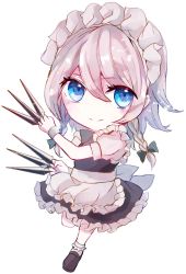 Rule 34 | 1girl, apron, bad id, bad twitter id, between fingers, black dress, black footwear, blue eyes, bobby socks, bow, braid, chibi, commentary request, dress, frilled apron, frills, full body, green bow, hair between eyes, hair bow, highres, holding, holding knife, holding weapon, izayoi sakuya, jan (lightdragoon), knife, knives between fingers, leg up, light particles, looking at viewer, maid, maid apron, maid headdress, petticoat, puffy short sleeves, puffy sleeves, shoes, short hair, short sleeves, silver hair, simple background, smile, socks, solo, standing, standing on one leg, touhou, twin braids, waist apron, weapon, white apron, white background, white socks, wrist cuffs