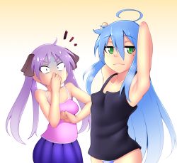 Rule 34 | &#039;&#039;&#039;, 00s, 2girls, ahoge, armpit hair, armpits, arms up, bare arms, bare shoulders, blue hair, breasts, camisole, constricted pupils, cowboy shot, eyebrows, geewhy, gradient background, green eyes, hair ornament, hiiragi kagami, izumi konata, long hair, looking at another, looking at viewer, lucky star, mole, mole under eye, multiple girls, no pants, notice lines, panties, purple hair, simple background, small breasts, smell, standing, striped clothes, striped panties, sweat, tank top, twintails, underwear, very long hair