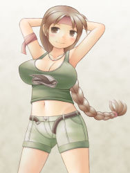 Rule 34 | + (tas28282000), 1girl, alternate breast size, armband, armpits, arms behind head, arms up, blush, breasts, brown eyes, brown hair, cleavage, female focus, gradient background, headband, highres, large breasts, long hair, midriff, navel, necktie, ryuuko no ken, shorts, solo, tank top, the king of fighters, yuri sakazaki