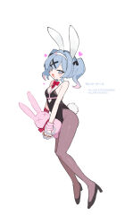 Rule 34 | 1girl, absurdres, alternate costume, alternate hair length, alternate hairstyle, animal ears, bare shoulders, black footwear, black leotard, black ribbon, blue eyes, blue hair, blush, bound, bound wrists, bow, bowtie, breasts, clothing cutout, colored tips, cuffs, detached collar, fake animal ears, fake tail, hair intakes, hair ornament, hair ribbon, hairband, half-closed eyes, handcuffs, hatsune miku, heart, heart cutout, high heels, highleg, highleg leotard, highres, holding, holding stuffed toy, kokaki mumose, leotard, looking at viewer, multicolored hair, pantyhose, pink pupils, rabbit ears, rabbit hole (vocaloid), rabbit tail, red bow, red bowtie, ribbon, simple background, small breasts, smile, solo, stomach cutout, stuffed animal, stuffed rabbit, stuffed toy, tail, teardrop facial mark, twintails, underbust, vocaloid, white background, white hairband, x hair ornament, x x