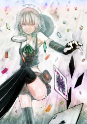 Rule 34 | 1girl, absurdres, ace (playing card), alternate costume, armpits, bare shoulders, bow, braid, card, elbow gloves, floating card, female focus, fingerless gloves, foreshortening, gloves, hair bow, highres, izayoi sakuya, looking at viewer, maid headdress, md5 mismatch, organ derwald, outstretched arm, playing card, pocket, pocket watch, red eyes, short hair, shorts, silver hair, solo, thighhighs, touhou, twin braids, watch, zettai ryouiki