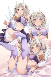 Rule 34 | 1girl, akari (angel) (princess connect!), akari (princess connect!), bandeau, bare shoulders, blue eyes, blue skirt, blush, breasts, grey hair, head wings, legs, looking at viewer, lying, multiple views, on back, open mouth, panties, pkpkpppk, princess connect!, short hair, skirt, small breasts, smile, thighhighs, twintails, underwear, white panties, wings