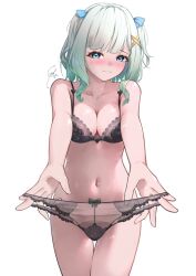 1girl black_bra black_panties blue_eyes blue_ribbon blush bottomless bow bow_panties bra breasts cleavage gradient_hair green_hair hair_ornament hair_ribbon highres holding holding_clothes holding_panties holding_underwear holding_unworn_clothes indie_virtual_youtuber lace lace_bra lace_panties lingerie looking_at_viewer medium_breasts medium_hair mint_fantome multicolored_hair navel panties panties_day presenting_removed_panties ribbon signature simple_background solo syxh two_side_up underwear underwear_only unworn_panties virtual_youtuber white_background white_hair x_hair_ornament