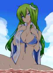 Rule 34 | 1girl, bad id, bad pixiv id, bikini, bikini top only, blue bikini, blue eyes, bottomless, breasts, censored, cleavage, cloud, daive, day, eyebrows hidden by hair, female focus, front-tie top, green hair, hair ornament, highres, identity censor, kochiya sanae, large breasts, long hair, navel, open clothes, open shirt, pointless censoring, shirt, solo, spread legs, submerged, swimsuit, touhou, water