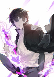 Rule 34 | 1boy, absurdres, animal, animal on shoulder, belt, black belt, black hair, black jacket, black pants, chinese commentary, closed mouth, collared shirt, commentary request, cowboy shot, dual wielding, glowing, glowing weapon, hair between eyes, hand up, hibari kyouya, highres, holding, holding weapon, jacket, katekyo hitman reborn!, long sleeves, looking at animal, male focus, open clothes, open jacket, pants, shirt, short hair, simple background, solo, standing, tonfa, weapon, white background, white shirt, yusa (yusa0751)