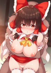 Rule 34 | 1boy, 1girl, absurdres, ascot, blush, bow, breasts, breasts out, brown hair, clothed female nude male, commentary request, cum, dark-skinned male, dark skin, detached sleeves, hair between eyes, hair bow, hair tubes, hakurei reimu, heart, heart-shaped pupils, hetero, highres, interracial, large breasts, miniskirt, nipples, nose blush, nude, open mouth, red bow, red eyes, red skirt, ribbon-trimmed legwear, ribbon-trimmed sleeves, ribbon trim, sex, sex from behind, sidelocks, skirt, solo focus, symbol-shaped pupils, thighhighs, tksand, touhou, white thighhighs