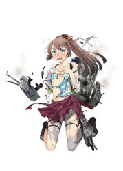 Rule 34 | 10s, 1girl, damaged, fujikawa, game cg, kantai collection, kazagumo (kancolle), looking at viewer, machinery, official art, pantyhose, ponytail, school uniform, simple background, smile, solo, torn clothes, torn pantyhose, transparent background, white background