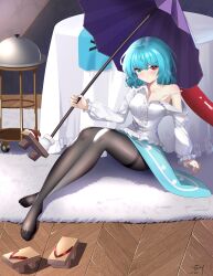 Rule 34 | 1girl, :t, absurdres, black pantyhose, blue eyes, blue hair, blue skirt, blush, breasts, carpet, closed mouth, collarbone, commentary request, frown, full body, geta, heterochromia, highres, holding, holding umbrella, indoors, karakasa obake, long sleeves, looking at viewer, medium bangs, medium breasts, medium hair, on floor, pantyhose, pout, purple umbrella, qinyuzhen, red eyes, serving dome, shirt, shoes, signature, single bare shoulder, sitting, skirt, solo, strap slip, table, tablecloth, tatara kogasa, tongue, touhou, umbrella, unworn shoes, v-shaped eyebrows, white shirt, wooden floor