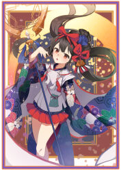 Rule 34 | absurdres, border, bow, brown hair, chinese knot, fate/grand order, fate (series), floral print, flower, hair flower, hair ornament, hair rings, hairband, highres, holding, holding staff, jacket, layered clothes, long hair, long sleeves, looking at viewer, miniskirt, miyu edelfelt, miyu edelfelt (third ascension), open mouth, red bow, red eyes, red hairband, red skirt, skirt, sleeveless, sleeveless jacket, sparkle, staff, tassel, white jacket, wide sleeves, yingzi luren