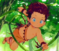 Rule 34 | 1boy, blue eyes, branch, brown hair, child, commentary, dark-skinned male, dark skin, day, english commentary, jungle, looking at viewer, nature, navel, nemui (nemuriyagi), nipples, original, outdoors, short hair, solo, swinging, teeth, topless male, tree, tropical
