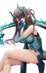 Rule 34 | 1girl, arknights, bare shoulders, black hair, blue dress, china dress, chinese clothes, crossed legs, dragon girl, dragon horns, dragon tail, dress, dusk (arknights), dusk (everything is a miracle) (arknights), from side, highres, horns, long hair, looking at viewer, pelvic curtain, pointy ears, red eyes, ru zhai, simple background, sleeveless, sleeveless dress, solo, tail, thighs, white background