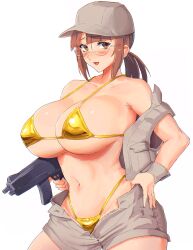 1girl bikini blush breasts brown_eyes brown_hat brown_shorts brown_vest collarbone commentary_request cowboy_shot fio_germi glasses gold_bikini gun hand_on_own_hip hat highleg highleg_bikini highres holding holding_gun holding_weapon huge_breasts long_hair looking_at_viewer madsensei metal_slug navel oekaki off_shoulder open_clothes open_fly open_mouth open_vest ponytail shorts sidelocks simple_background smile solo stomach submachine_gun swimsuit vest weapon white_background wrist_cuffs