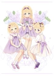 Rule 34 | 3girls, :d, bad id, bad pixiv id, blonde hair, blue eyes, blush, bow, braid, closed mouth, collared shirt, commentary, dress, flower, gloves, green eyes, hair bow, haruri, head tilt, highres, holding, holding flower, lilac, long hair, looking at viewer, mary janes, multiple girls, open mouth, original, own hands together, parted lips, puffy short sleeves, puffy sleeves, purple bow, purple dress, purple eyes, purple flower, purple footwear, shirt, shoes, short sleeves, side braids, sleeveless, sleeveless dress, smile, socks, twin braids, two side up, white dress, white gloves, white legwear, white shirt