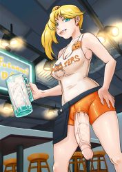 Rule 34 | 1girl, aqua eyes, bar censor, bare shoulders, blonde hair, brand name imitation, breasts, censored, covered erect nipples, cum, cum in container, cum in cup, cup, ejaculation, eva (neone), from below, futanari, grin, holding, holding cup, hooters, indoors, jug (bottle), large breasts, large penis, long hair, looking at viewer, neone, original, penis, side ponytail, smile, solo, standing, tagme, uncensored, veins, veiny penis