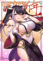 Rule 34 | 1girl, :d, bare shoulders, black hair, bracelet, breasts, chinese zodiac, collar, covered navel, cowboy shot, detached sleeves, fang, gold trim, highres, holding, horns, jewelry, large breasts, long hair, long sleeves, looking at viewer, mizuya nao, multicolored hair, open mouth, original, paintbrush, panties, pelvic curtain, red eyes, red panties, revealing clothes, side-tie panties, side-tie peek, sideboob, sideless outfit, smile, solo, standing, streaked hair, thighs, twintails, underboob, underwear, wide sleeves, year of the ox