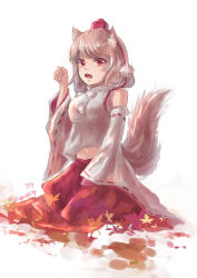 Rule 34 | 1girl, animal ears, asiya (joey26504), autumn leaves, bare shoulders, breasts, detached sleeves, hat, inubashiri momiji, leaf, looking at viewer, midriff, navel, open mouth, pom pom (clothes), red eyes, ribbon-trimmed sleeves, ribbon trim, silver hair, sitting, solo, tail, tokin hat, touhou, wolf ears, wolf tail