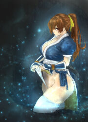 Rule 34 | 1girl, breasts, brown eyes, brown hair, dead or alive, goosuka, highres, kasumi (doa), kunoichi, large breasts, ponytail, sword, tagme, thighhighs, weapon