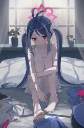 Rule 34 | 1girl, antenna hair, barefoot, bitseon, blue archive, blue hair, blush, breasts, camisole, closed mouth, collarbone, curtains, fubuki (blue archive), grey hair, hair ornament, halo, hat, heart, heart hair ornament, highres, indoors, jacket, long hair, looking at viewer, multicolored hair, pillow, pink halo, plant, potted plant, red eyes, sitting, skirt, small breasts, solo, toes, twintails, unworn hat, unworn headwear, unworn jacket, unworn skirt, white camisole, window