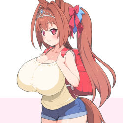 Rule 34 | 1girl, alternate breast size, animal ears, backpack, bag, bare arms, blue shorts, bow, breasts, brown hair, camisole, cleavage, closed mouth, collarbone, cowboy shot, daiwa scarlet (umamusume), denim, denim shorts, fang, from side, hair between eyes, hair bow, hair intakes, hair ornament, hands up, highres, horse ears, horse girl, horse tail, huge breasts, impossible clothes, light blush, long hair, looking at viewer, looking to the side, oppai loli, randoseru, red bow, red eyes, shirogane hakuba, short shorts, shorts, simple background, smile, solo, tail, tiara, twintails, umamusume, white background, yellow camisole