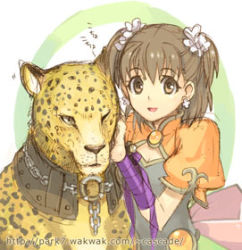 Rule 34 | 1girl, :d, bandages, brooch, brown hair, chain, chinese clothes, cleavage cutout, clothing cutout, collar, earrings, ernst, gensou suikoden, gensou suikoden v, grey hair, hair ornament, headpat, jewelry, konami, leopard, lowres, norma (suikoden), open mouth, orange eyes, short hair, short twintails, smile, turtleneck, twintails, two side up, watanuki nao