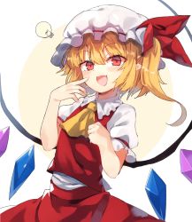 Rule 34 | 1girl, :d, ascot, bad id, bad pixiv id, blonde hair, blush, bow, commentary request, cowboy shot, flandre scarlet, hand up, hat, light bulb, long hair, looking at viewer, mob cap, multicolored background, open mouth, red bow, red eyes, red skirt, short sleeves, side ponytail, skirt, skirt set, smile, solo, suminagashi, touhou, two-tone background, white hat