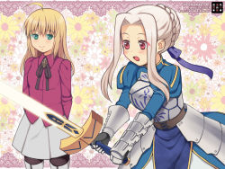 Rule 34 | 2girls, ahoge, alternate hairstyle, armor, armored dress, artoria pendragon (all), artoria pendragon (fate), black legwear, blonde hair, boots, cosplay, costume switch, dress, excalibur (fate/stay night), fate/zero, fate (series), gauntlets, glowing, glowing sword, glowing weapon, green eyes, hair bun, hair down, hair ribbon, hairstyle switch, irisviel von einzbern, irisviel von einzbern (cosplay), kurarin, long hair, multiple girls, pantyhose, red eyes, ribbon, saber (fate), saber (fate) (cosplay), single hair bun, sword, thigh boots, thighhighs, weapon