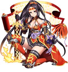 Rule 34 | 1girl, armor, black eyes, black gloves, black hair, black skirt, breasts, cleavage, cleavage cutout, clothing cutout, detached collar, eyeshadow, fire, full body, gloves, holding, holding sword, holding weapon, kneeling, large breasts, legs, long hair, looking at viewer, magic, makeup, ponytail, scroll, sennen sensou aigis, shuka (sennen sensou aigis), skirt, smile, solo, sword, thighhighs, thighs, transparent background, weapon, white background, zettai ryouiki