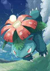 Rule 34 | blue sky, bright pupils, claws, cloud, commentary request, creatures (company), day, fangs, fisheye, flower, full body, game freak, gen 1 pokemon, grass, highres, leaf, momota pix, mountain, nintendo, no humans, open mouth, outdoors, pink flower, pokemon, pokemon (creature), red eyes, sharp teeth, sky, teeth, v-shaped eyebrows, venusaur, white pupils