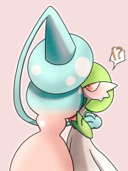 Rule 34 | !?, 2girls, arm around shoulder, blue hair, blush, bob cut, colored skin, creatures (company), female focus, flat chest, from behind, game freak, gardevoir, gen 3 pokemon, gen 8 pokemon, gradient hair, green hair, green skin, hand up, hat, hatterene, interspecies, long hair, looking at another, multicolored hair, multicolored skin, multiple girls, nintendo, outline, pink background, pink hair, pokemon, pokemon (creature), prehensile hair, red eyes, short hair, simple background, speech bubble, spoken interrobang, standing, surprised, two-tone hair, two-tone skin, very long hair, white skin, witch hat, yuri, yuri (fl0werspace)