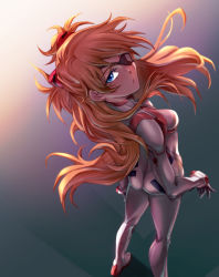 Rule 34 | 1girl, artist request, ass, blue eyes, bodysuit, breasts, evangelion: 3.0+1.0 thrice upon a time, eyepatch, floating hair, full body, gradient background, hair ornament, long hair, looking at viewer, looking back, medium breasts, multiple views, neon genesis evangelion, orange hair, pilot suit, plugsuit, rebuild of evangelion, shiny clothes, simple background, skin tight, souryuu asuka langley, standing