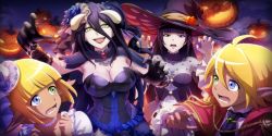 Rule 34 | 1boy, 3girls, albedo (overlord), aura bella fiora, black eyes, black hair, blonde hair, blue eyes, breasts, cleavage, costume, flower, green eyes, hair between eyes, hair flower, hair ornament, halloween, halloween costume, hat, heterochromia, highres, horns, jack-o&#039;-lantern, large breasts, long hair, mare bello fiore, multiple girls, narberal gamma, official art, open mouth, overlord (maruyama), pointy ears, short hair, witch hat, yellow eyes