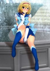 Rule 34 | 1girl, absurdres, alice margatroid, blonde hair, blue eyes, blue skirt, blush, boots, bow, bowtie, breasts, closed mouth, cosplay, covering privates, embarrassed, feet, gloves, hairband, highres, leg up, legs, looking at viewer, medium breasts, medium hair, red hairband, sailor mercury, sailor mercury (cosplay), sitting, skirt, solo, thighs, touhou, uniform, white gloves, yadokari genpachirou