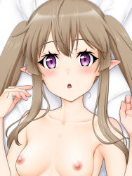 Rule 34 | 10s, 1girl, breasts, brown hair, choker, elf, hair ribbon, long hair, looking at viewer, myucel foalan, nude, outbreak company, pointy ears, purple eyes, red ribbon, ribbon, simple background, small breasts, smile, solo, twintails, upper body, white background