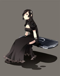 Rule 34 | 1girl, black eyes, black hair, breasts, cleavage, dress, game console, gloves, handheld game console, long hair, nanakura nanane, original, personification, playstation portable, product placement, solo, sony