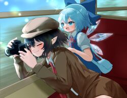 Rule 34 | 2girls, black hair, blue bow, blue dress, blue hair, bow, brown coat, brown headwear, camera, cirno, coat, collared shirt, dress, fairy, hair bow, hat, highres, holding, holding camera, ice, ice wings, long sleeves, mikan (manmarumikan), multiple girls, necktie, pointy ears, red necktie, shameimaru aya, shameimaru aya (newsboy), shirt, short hair, short sleeves, touhou, white shirt, wings