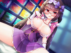Rule 34 | 1girl, black hair, blush, breasts, breasts apart, dutch angle, fate/grand order, fate (series), glasses, hairband, large breasts, long hair, looking at viewer, low twintails, open mouth, osakabehime (fate), osisio, purple eyes, red-framed eyewear, solo, twintails, very long hair, window