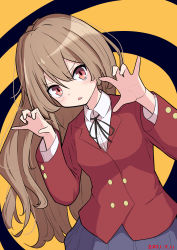 Rule 34 | 1girl, aisaka taiga, black background, black ribbon, blue skirt, blush, breasts, brown eyes, brown hair, collared shirt, commentary request, cowboy shot, dated, hair between eyes, highres, jacket, long hair, long sleeves, looking at viewer, neck ribbon, oohashi high school uniform, open hands, parted lips, r kappa723, red jacket, ribbon, school uniform, shirt, skirt, small breasts, solo, toradora!, two-tone background, white shirt, yellow background